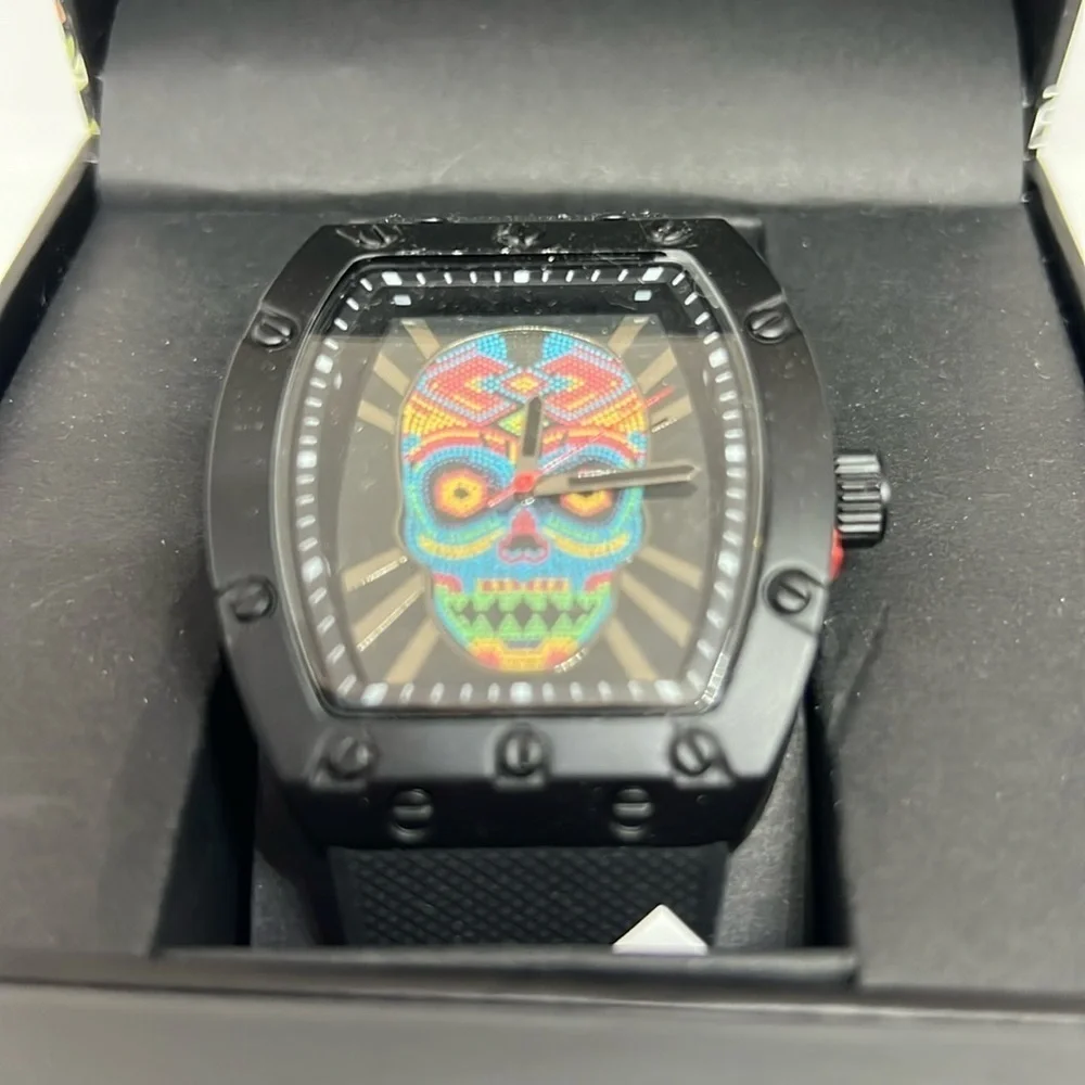 Ed Hardy Men’s Skull Print Dial Matte Black Silicone Strap Analog Watch …